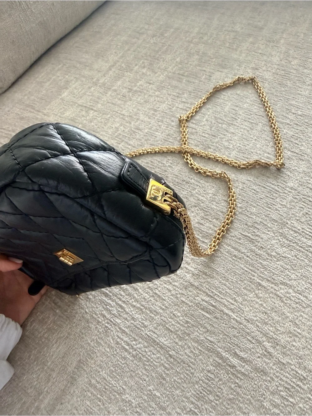 CHANEL Black Quilted Mini Camera Bag with Gold Chain